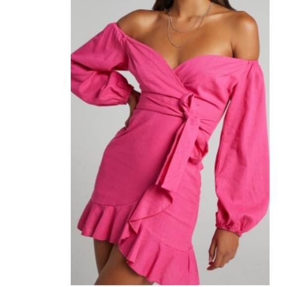 Revolve Off Shoulder HotPink Ruffle Wrap Linen Mini Dress S/M - Picture 2 of 5